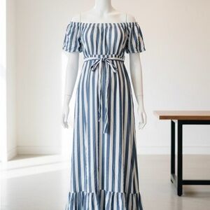 Navy and White Striped Off-Shoulder Maxi Dress